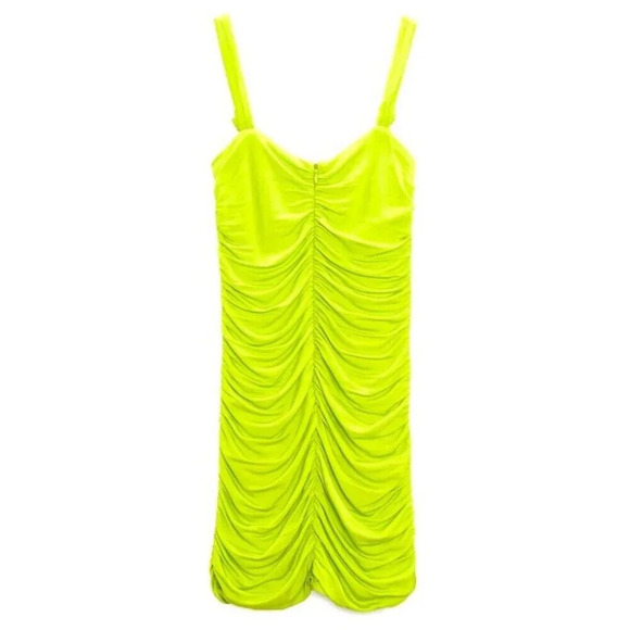 New Zara ruched keyhole bodycon dress in lime neon yellow green size S - Picture 3 of 7